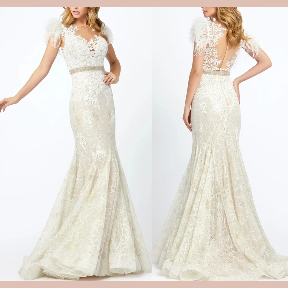 NWT MAC DUGGAL [ 14 ] 79230 Feather Cap Sleeve‎ Illusion Neck Trumpet Gown J2389